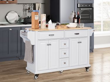 Kitchen Island with Rubber wood Countertop, Kitchen Cart on 5 Wheels with Storage Cabinet and 5 Drawers for Dinning Room, White