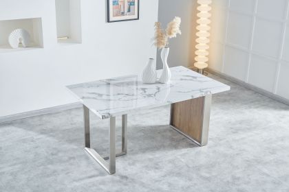 Elegant Luxurious Imitation Marble MDF Dinning Table for 6 or 8, Rectangular 63"L*35.4"W*29.8"H, Walnut+Stainless Steel Legs Modern, Durable