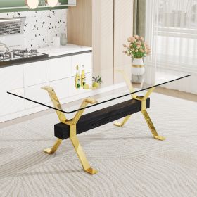Dining table. Modern tempered glass dining table. Large modern office desk with gold plated metal legs and MDF crossbars