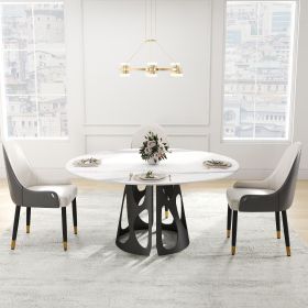 59.05" Round Marble Dining Table with Black Iron Metal Base, Artificial Marble for 6-8 People, Dining Room/Living Room Kitchen Dining Table