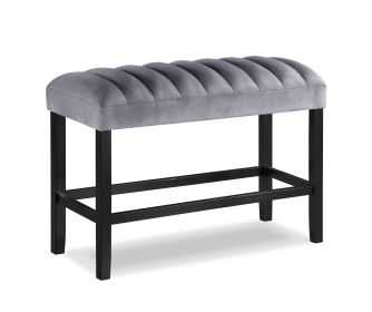 1pc Gray Black Counter Height Bench Dining Room Velvet Fabric Upholstery Kitchen Dining Wooden Furniture